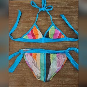 Colorful Rainbow Striped Bikini Set With Gold Stripes Custom Made Size Small